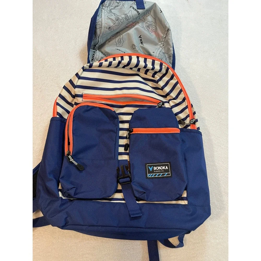 Bondka Supply Co Navy Blue Striped Backpack with Laptop Sleeve and Orange Zips